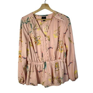 Worthington Light Pink Floral Button Front Peplum Long Sleeve M